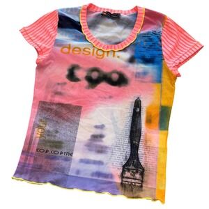 y2k Cop Copine Mesh Sheer Baby Tee Abstract Short Sleeve Made in France XS/S